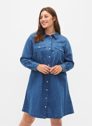 Zizzifashion Denim dress with buttons, Blue Denim, Model image number 0