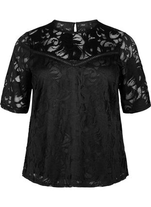 Zizzifashion Lace blouse with short sleeves, Black, Packshot image number 0