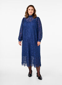 Long-sleeved lace dress with high neck, Estate Blue, Model