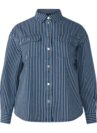 Zizzifashion Striped denim shirt with chest pockets, Blue Denim Stripe, Packshot image number 0