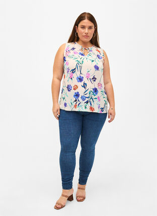 Zizzifashion Floral top with tie detail, Buttercream Blue Fl., Model image number 2