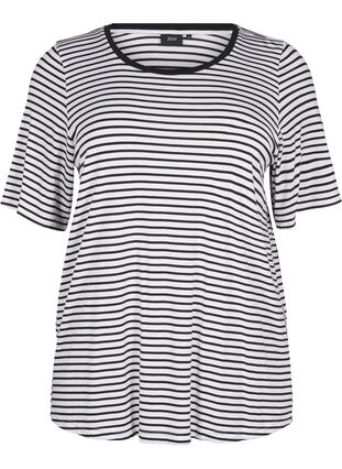 Zizzifashion Striped T-shirt in lyocell with round neck, B White Black St, Packshot image number 0