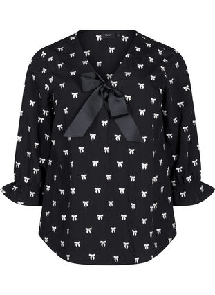 Zizzifashion Blouse with bows and 3/4 sleeves, Black White Bow, Packshot image number 0