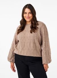 Knitted sweater with pattern and pearls, Desert Taupe Mel., Model