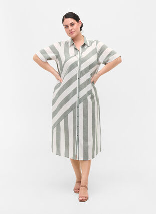 Zizzifashion Short-sleeved cotton shirt dress with stripes, Thyme Stripe, Model image number 2