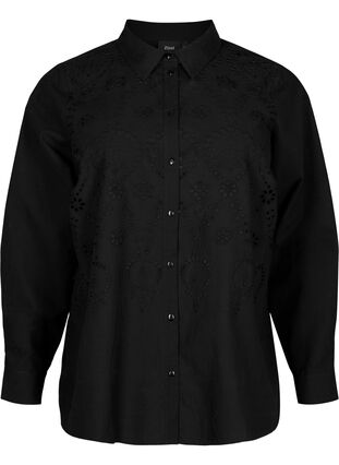 Zizzifashion Cotton shirt with broderie anglaise, Black, Packshot image number 0