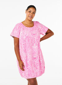 Short-sleeved cotton dress with paisley print, Shocking P. Paisley , Model