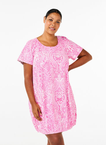 Zizzifashion Short-sleeved cotton dress with paisley print, Shocking P. Paisley , Model image number 0