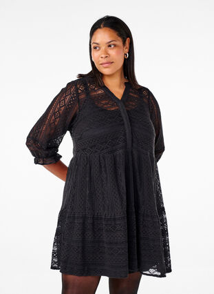 Zizzifashion Short lace dress with 3/4 sleeves, Black, Model image number 0