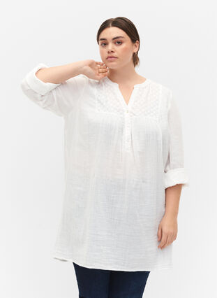 Zizzifashion Cotton tunic with anglaise embroidery, Bright White, Model image number 0