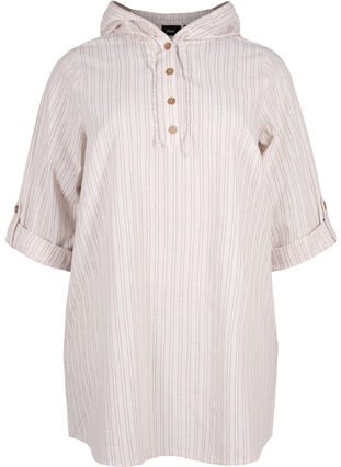 Zizzifashion Hooded tunic in cotton and linen, Wh. Sandshell Stripe, Packshot image number 0