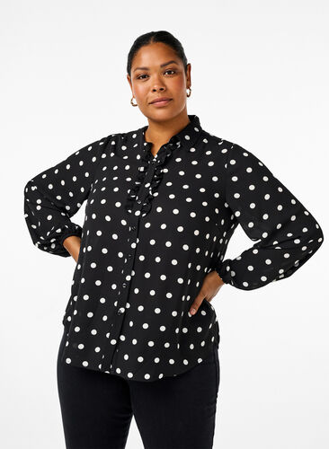 Zizzifashion Dotted shirt with ruffles, Black W. White Dot, Model image number 0