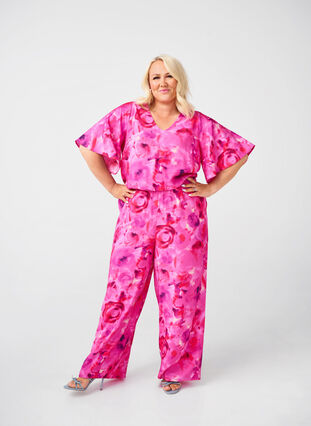 Zizzifashion Floral jumpsuit with batwing sleeves, Pink Rose AOP, Model image number 0