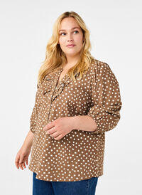 3/4 sleeve cotton blouse with polka dots, Coca Mocha Dot , Model