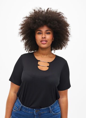Zizzifashion Ribbed blouse with chain detail, Black, Model image number 0