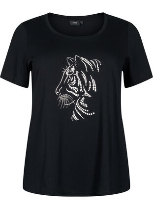 Zizzifashion Cotton T-shirt with motif, Black w. Lion, Packshot image number 0