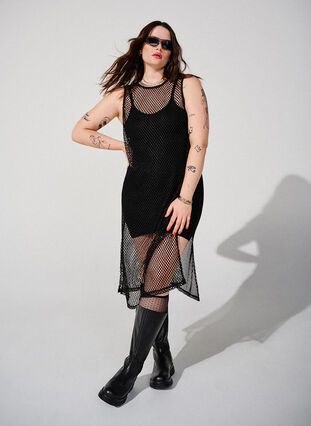 Zizzifashion Sleeveless mesh dress with slit, Black, Image image number 0