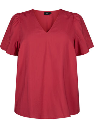 Zizzifashion Short sleeve viscose blouse with embroidery, Tango Red, Packshot image number 0