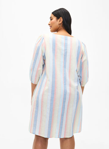Zizzifashion Cotton blend short dress with linen, Multi Color Stripe, Model image number 1