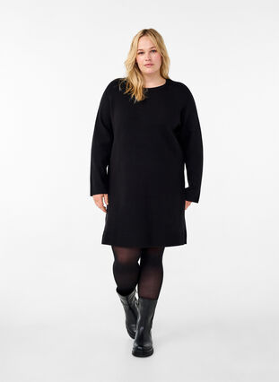 Zizzifashion Knitted dress with a round neck and slit, Black Solid, Model image number 2