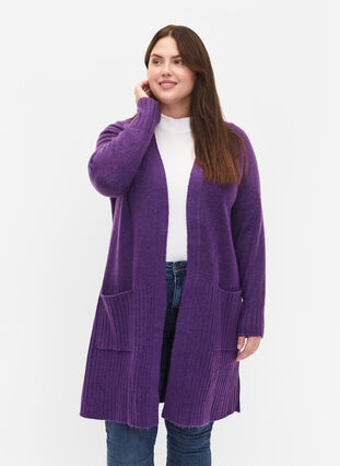 Zizzifashion Long knit cardigan with pockets, Pansy Mel., Model image number 0