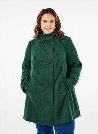 Short trench coat with an A-line, Trekking Green Mel., Model