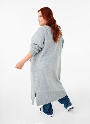 Zizzifashion Long knitted cardigan with pockets, Light Grey Melange, Model image number 1