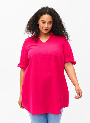 Zizzifashion Short-sleeved cotton blend tunic with linen, Bright Rose, Model image number 0