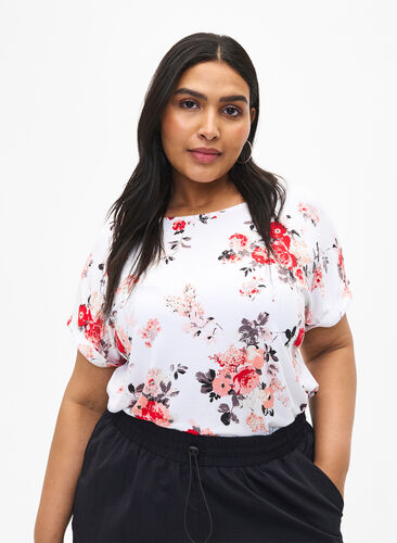 Zizzifashion Floral viscose blouse with short sleeves, White AOP flower, Model image number 0