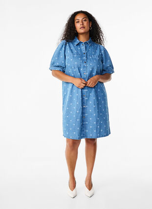 Zizzifashion Short-sleeved denim dress with heart print, L. Blue D. w. Heart, Model image number 2