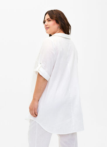 Zizzifashion Short-sleeved cotton blend tunic with linen, Bright White, Model image number 1