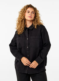 Denim shirt with buttons and chest pockets, Black, Model