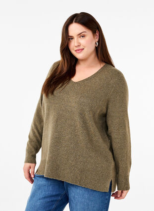 Zizzifashion Knitted blouse with V-neck, Dusky G. Black Mel., Model image number 0