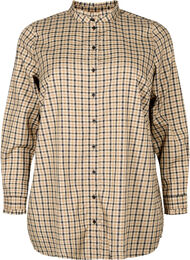 Checked shirt blouse with ruffles, Brown Check, Packshot