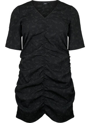 Zizzifashion Short-sleeved dress with textured fabric and drapes, Black, Packshot image number 0