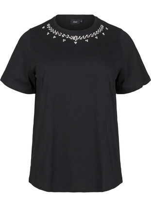 Zizzifashion T-shirt with round neck and rhinestones, Black, Packshot image number 0