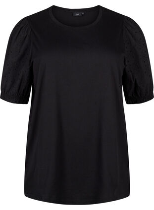 Zizzifashion Organic cotton blouse with broderie anglaise sleeves, Black, Packshot image number 0