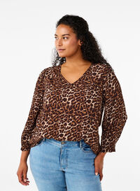 Leopard print blouse with 3/4 sleeves, Leo AOP, Model