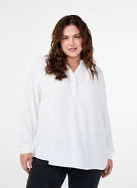 Long-sleeved shirt blouse with V-neck, Bright White, Model