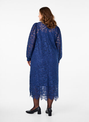 Zizzifashion Long-sleeved lace dress with high neck, Estate Blue, Model image number 1