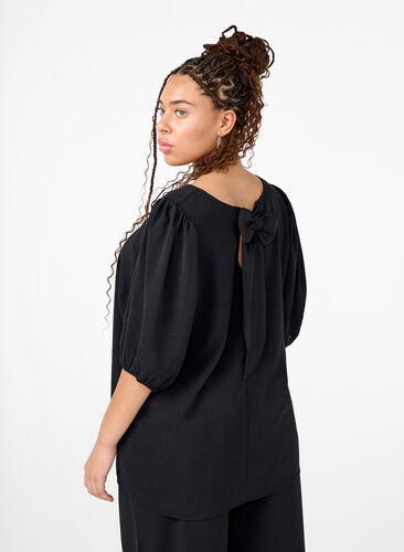 Zizzifashion Short-sleeved blouse with a bow at the back, Black, Model image number 1