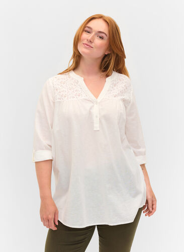 Zizzifashion Cotton blouse with lace details, Bright White, Model image number 0