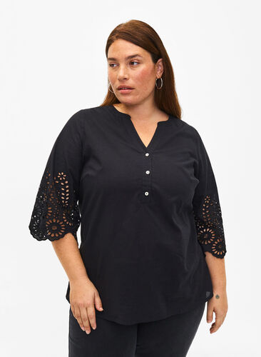 Zizzifashion Shirt blouse with broderie anglaise and 3/4 sleeves, Black, Model image number 0