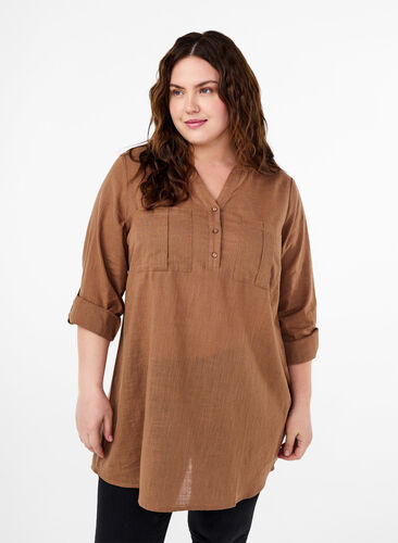 Zizzifashion Cotton tunic with 3/4 sleeves, Coca Mocha, Model image number 0