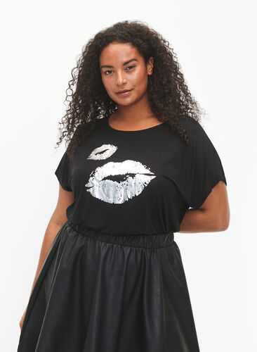 Zizzifashion Short-sleeved viscose t-shirt with print, Black W. Lips, Model image number 0