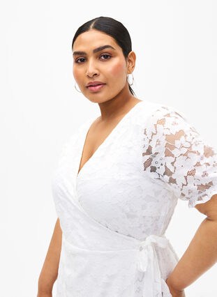 Zizzifashion Wrap dress with lace and short sleeves, Bright White, Model image number 2