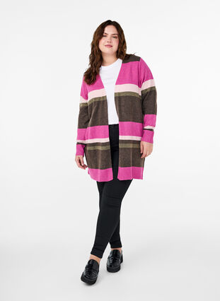 Zizzifashion Long knit cardigan with wide stripes, Fuchsia Red Mel.Comb, Model image number 2