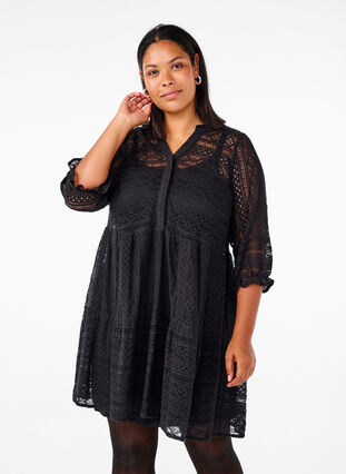 Zizzifashion Short lace dress with 3/4 sleeves, Black, Model image number 2