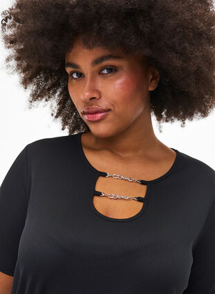 Zizzifashion Ribbed blouse with chain detail, Black, Model image number 2