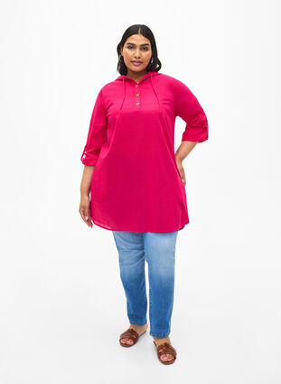 Zizzifashion Hooded tunic in cotton and linen, Bright Rose, Model image number 2